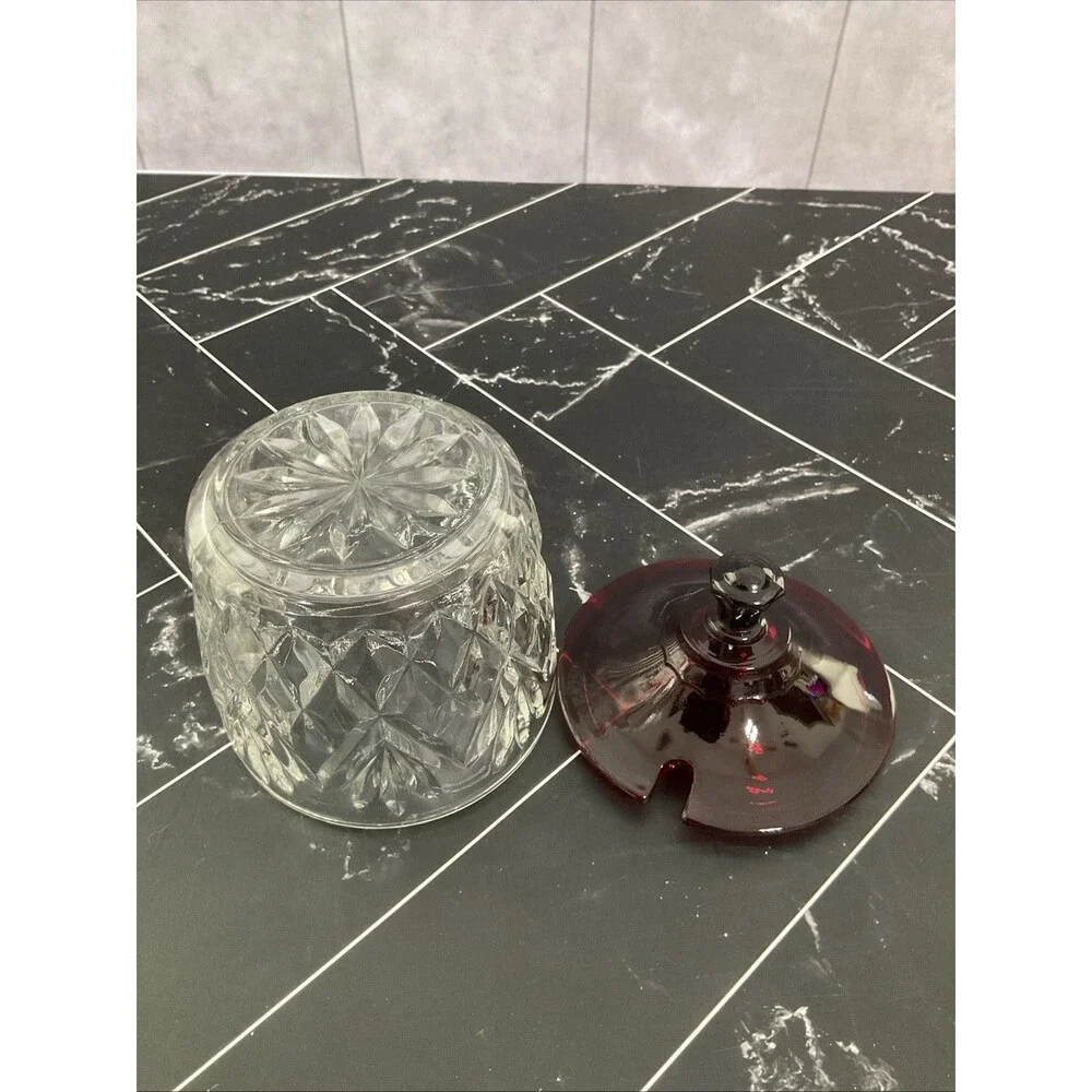 ANCHOR HOCKING Marmalade Pineapple Prescut Crystal w/Royal Ruby Lid No Spoon Vtg